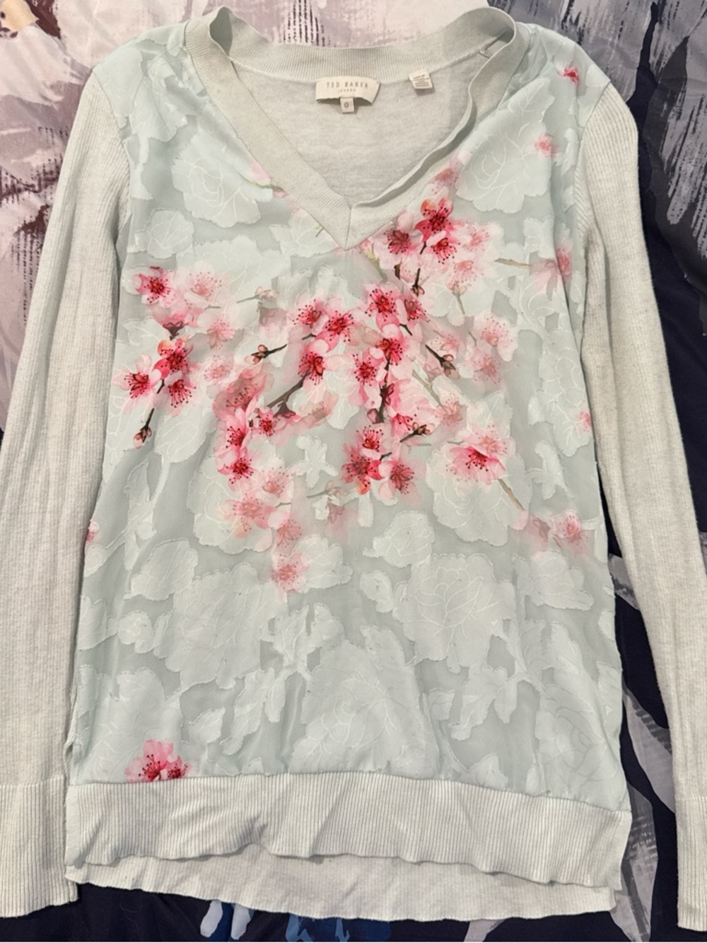Ted Baker Mint Cherry Blossom V-Neck Sweater